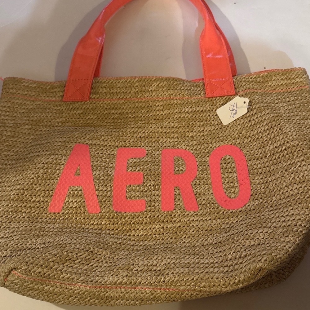 Aeropostale Tote Bag Womens Large Tan Coral Pink Woven Straw Logo